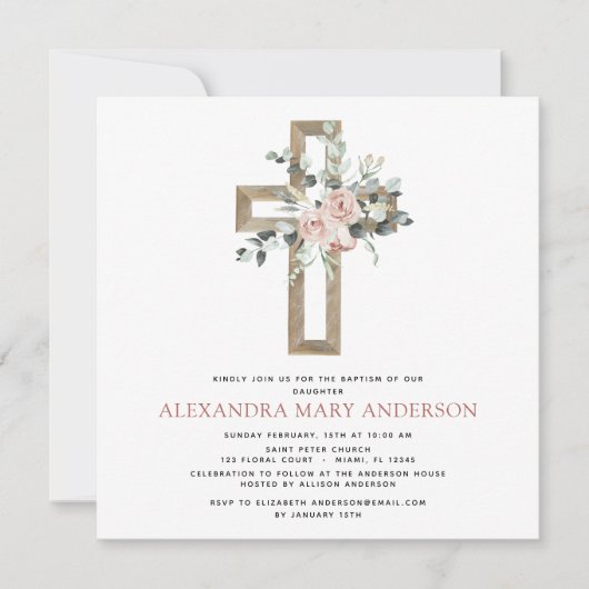 Invitation Baptême Vert Dusty Rose Croix (Devant)