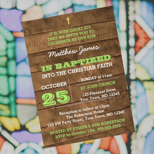 Invitation Baptême vert en bois d'Amérique
