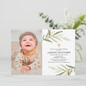 Invitation Baptême vert feuille dédicace photo de verdure (Debout devant)