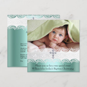 Invitation Baptême Vert Menthe Dentelle Photo Bijou Croix Gar