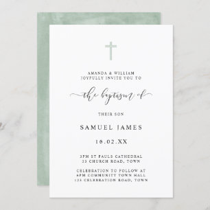 Invitation Baptême vert minimaliste simple