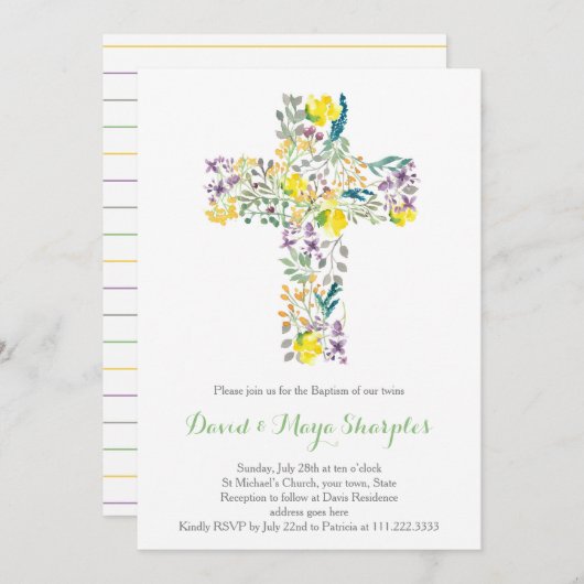 invitation Baptême vert olive violet, jumeaux (Devant / Derrière)