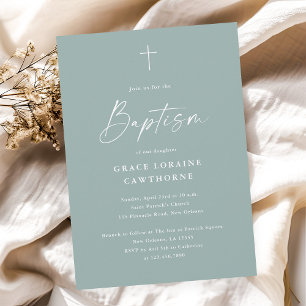 Invitation Baptême Vert Sauge Écriture Élégante Moderne