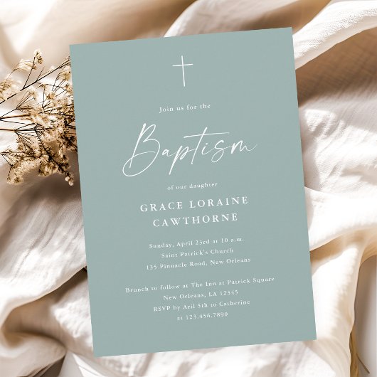 Invitation Baptême Vert Sauge Écriture Élégante Moderne