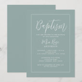 Invitation Baptême Vert Sauge Moderne (Devant / Derrière)