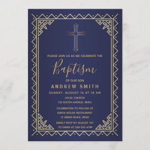 Invitation Baptême vintage de calligraphie d'or et de marine