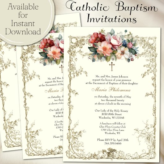 Invitation Baptême vintage Floral Christening Gold Cross