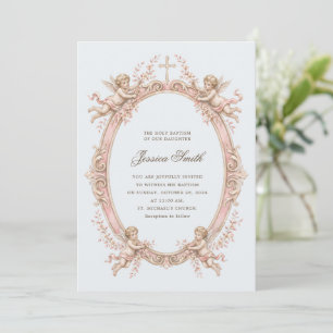 Invitation Baptême Vintage Renaissance Chérubin Rose