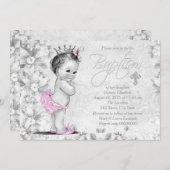 Invitation Baptême Vintage rose et gris (Devant / Derrière)