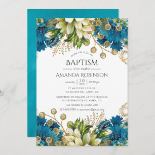 Invitation Baptême vintage Turquoise et Gold Floral