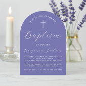 Invitation Baptême Violet Arc Simple Moderne Script & Croix
