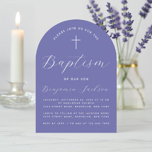 Invitation Baptême Violet Arc Simple Moderne Script & Croix