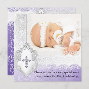 Invitation Baptême violet blanc dentelle photo Bijou Croix Fi
