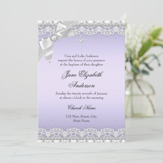 Invitation Baptême violet dentelle de diamant chic (Debout devant)