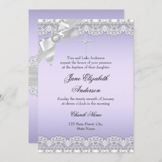Invitation Baptême violet dentelle de diamant chic (Devant / Derrière)