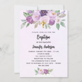 Invitation Baptême violet fleurs croix de verdure (Devant)