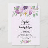 Invitation Baptême violet fleurs verdure croisent luxe (Devant)