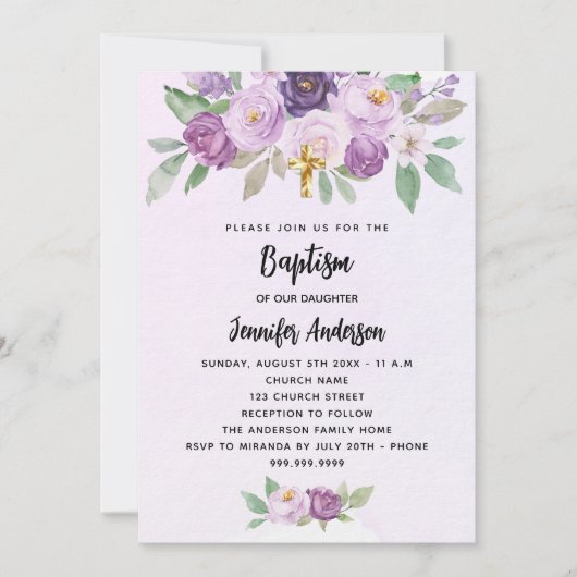 Invitation Baptême violet fleurs verdure croisent luxe (Devant)