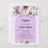 Invitation Baptême violet fleurs violet croix fille (Devant)
