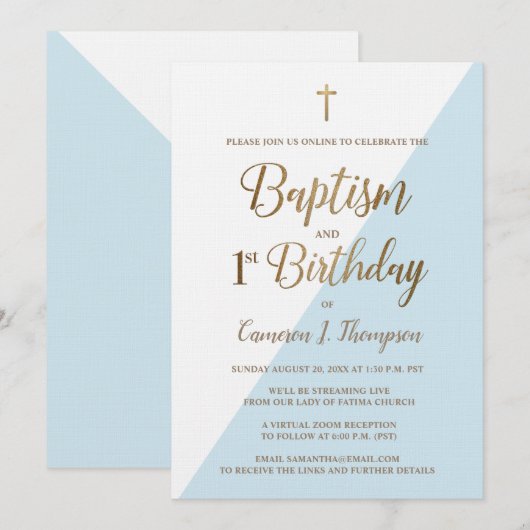 Invitation Baptême virtuel personnalisé bleu et premier anniv (Devant / Derrière)
