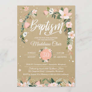 Invitation Baptême Whimsical Floral Blush & White Girl