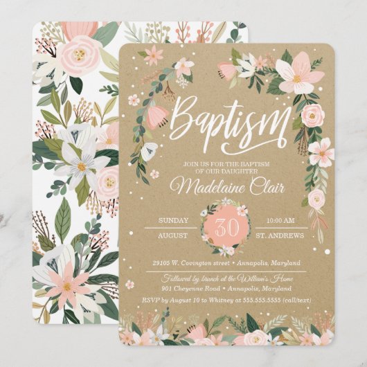 Invitation Baptême Whimsical Floral Blush & White Girl (Devant / Derrière)