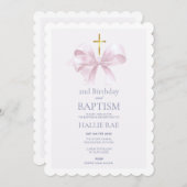 Invitation Baptism and 2nd Birthday Modern Pink Bow (Devant / Derrière)