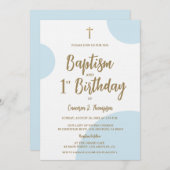 Invitation Baptism and First Birthday with Cross Blue Gold (Devant / Derrière)