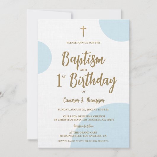 Invitation Baptism and First Birthday with Cross Blue Gold (Devant)