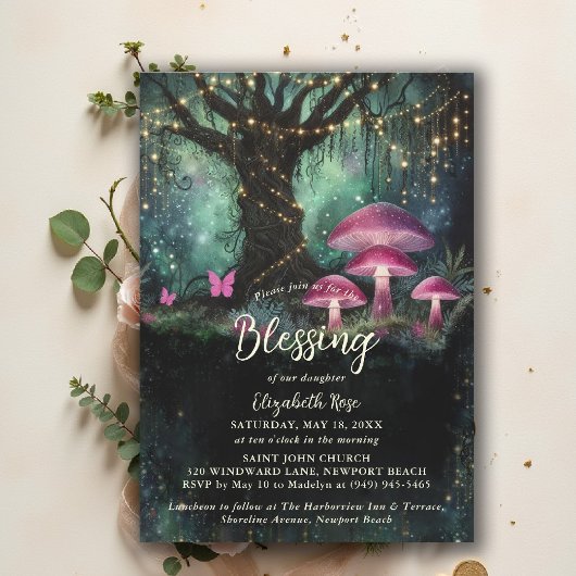 Invitation Baptism Blessing Enchanted Garden Forest Mushrooms
