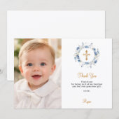 Invitation Baptism blue florals photo thank you card (Devant / Derrière)