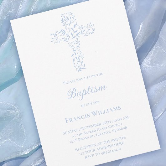 Invitation Baptism blue foliage cross 