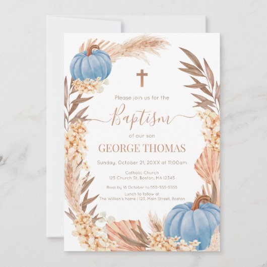 Invitation Baptism Boho Pampas arrangement blue Pumpkin (Devant)
