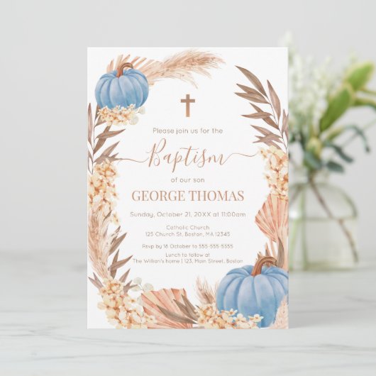 Invitation Baptism Boho Pampas arrangement blue Pumpkin (Debout devant)