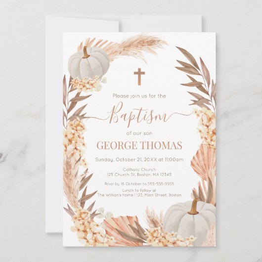 Invitation Baptism Boho Pampas arrangement white Pumpkin (Devant)