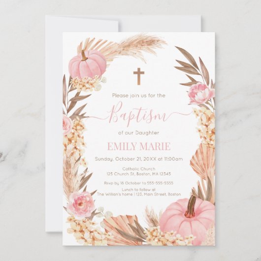 Invitation Baptism Boho Pampas Pink Pumpkin (Devant)