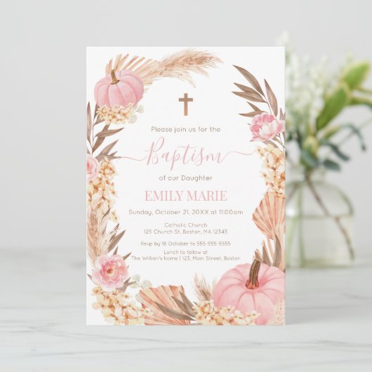 Invitation Baptism Boho Pampas Pink Pumpkin (Debout devant)