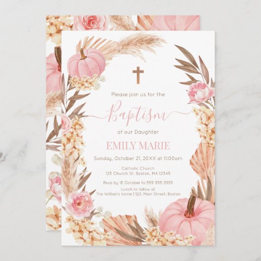 Invitation Baptism Boho Pampas Pink Pumpkin (Devant / Derrière)
