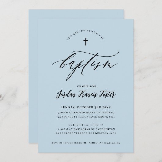 Invitation BAPTISM calligraphie minimale élégant bleu bébé pâ (Devant / Derrière)