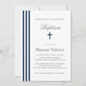 Invitation BAPTISM Chic Vertical Strited Marine Croix Bleue (Devant)
