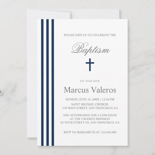 Invitation BAPTISM Chic Vertical Strited Marine Croix Bleue (Devant)