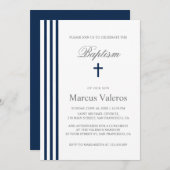 Invitation BAPTISM Chic Vertical Strited Marine Croix Bleue (Devant / Derrière)