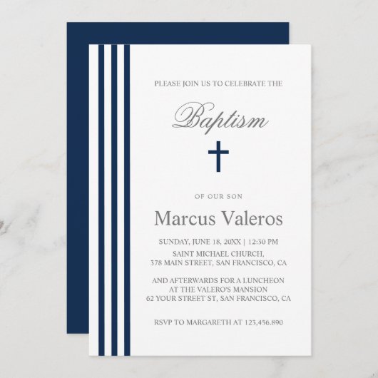 Invitation BAPTISM Chic Vertical Strited Marine Croix Bleue (Devant / Derrière)