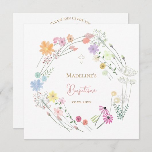 Invitation Baptism colorful wildflowers wreath (Devant / Derrière)