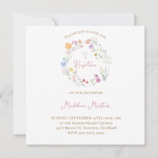 Invitation Baptism colorful wildflowers wreath (Dos)