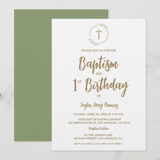 Invitation Baptism First Birthday Greenery wreath Gold cross (Devant / Derrière)