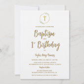 Invitation Baptism First Birthday Greenery wreath Gold cross (Devant)