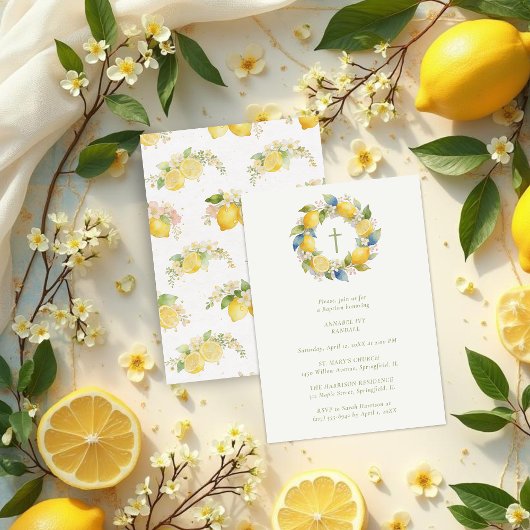 Invitation Baptism Mediterranean Wreath with Floral and Lemon