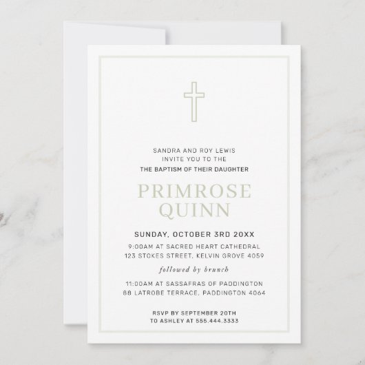 Invitation BAPTISM moderne croisé minimal simple sauge vert (Devant)