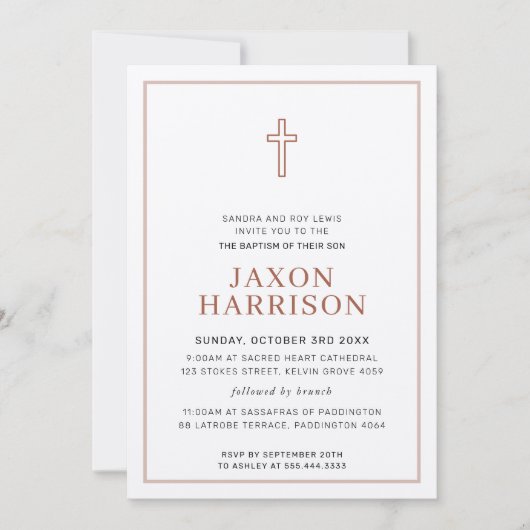 Invitation BAPTISM moderne croix minimale simple argile brun (Devant)